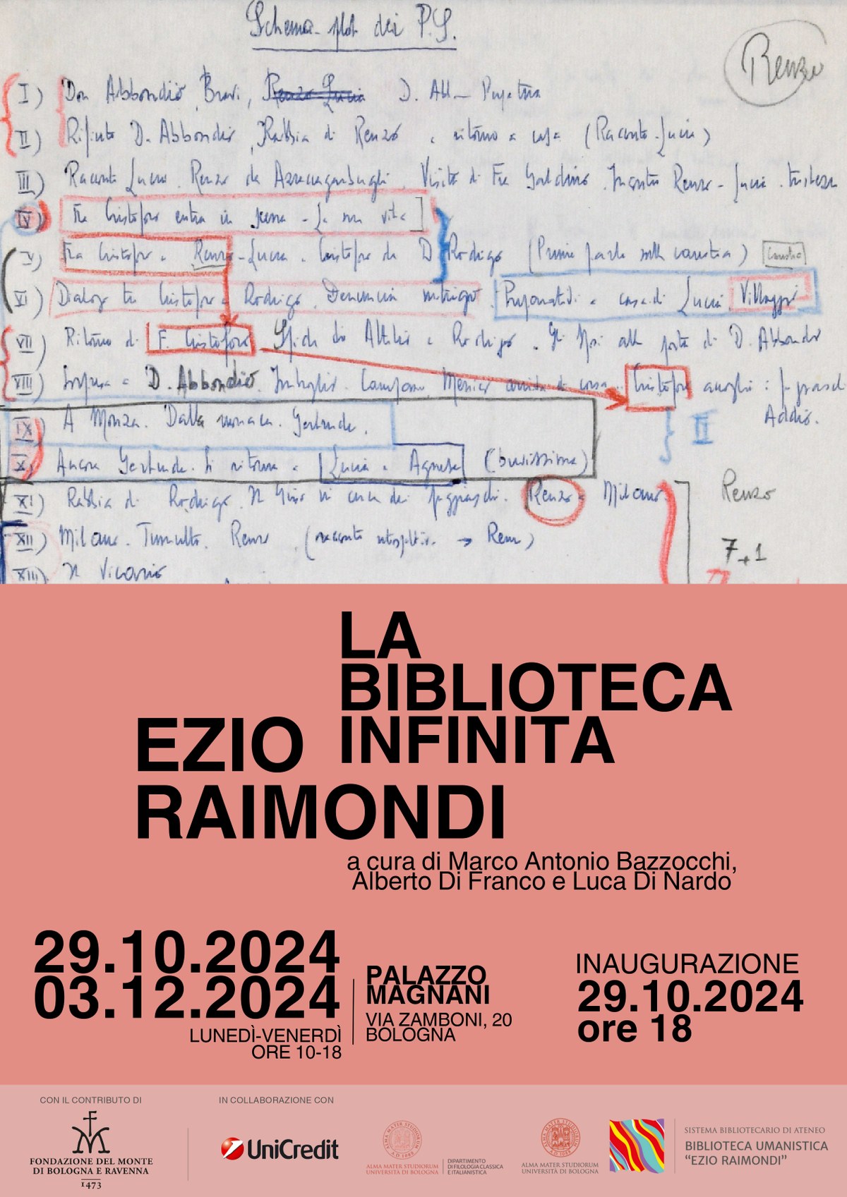 Locandina dell'inaugurazione della mostra Ezio Raimondi: la biblioteca infinita